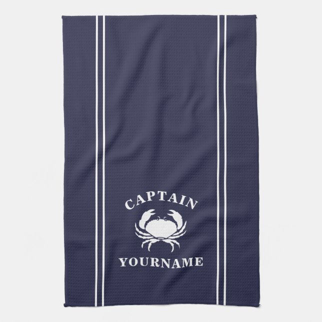 Captain Your Name Crab Navy Blue Kitchen Toalla (Vertical)