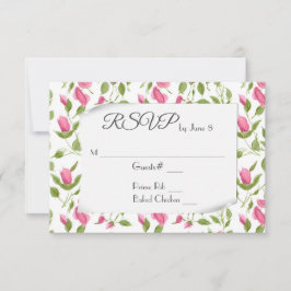 Capullos de rosa rosados en RSVP de boda blanca