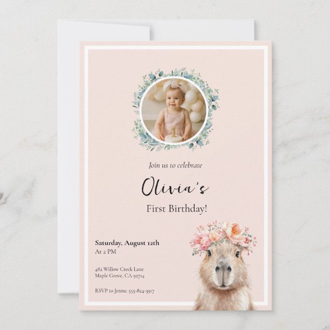 Capybara Birthday Invitation • Cute First Birthday (Anverso)