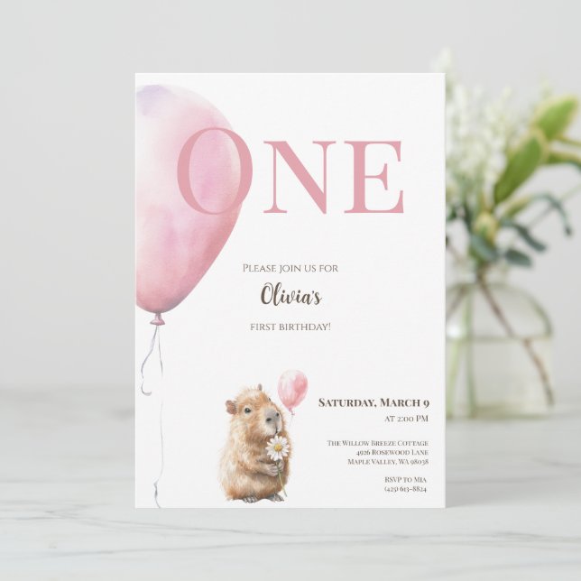 Capybara Birthday Invitation • Pink Balloon (Anverso de pie)