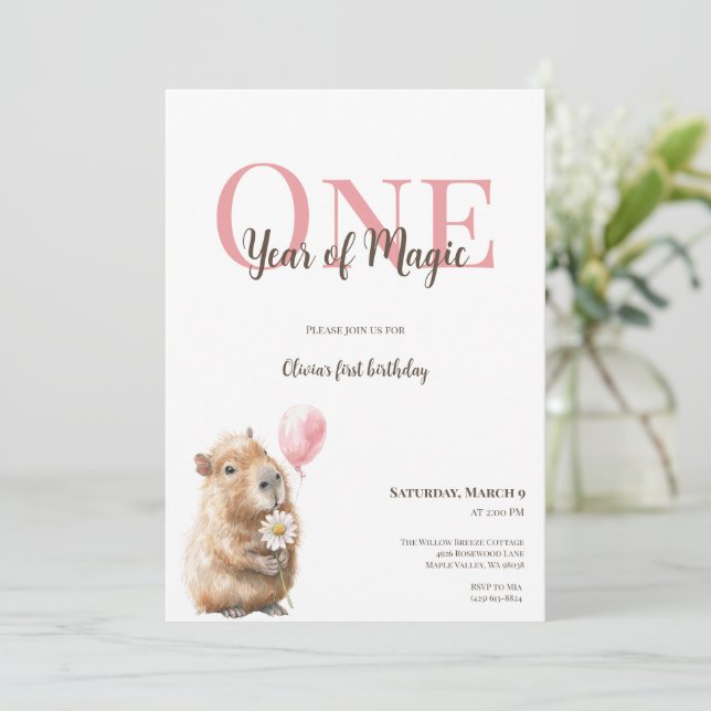 Capybara First Birthday Invitation • Woodland Girl (Anverso de pie)