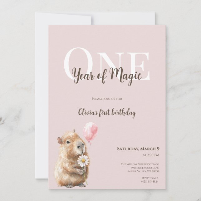 Capybara First Birthday Invitation • Woodland Girl (Anverso)