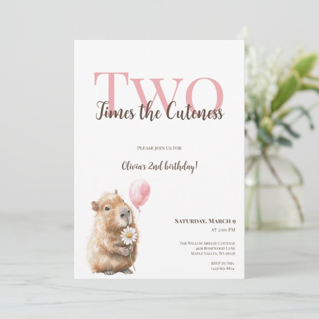 Capybara Second Birthday Invitation • Woodland Gir (Anverso de pie)