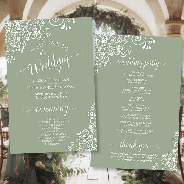 Cara blanca sobre el programa de la boda verde de  (Front/Back)