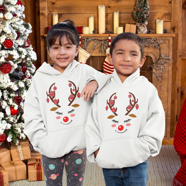 Cara de ciervo adorable con adornos en niños de án (Adorable Deer Face with Ornaments on Antlers Kids Hoodie)