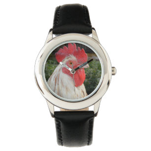 Cara de gallo blanco marrón, reloj de cuero para n