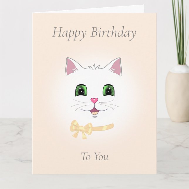 Cara de Gato Feliz en Tarjeta de Cumpleaños Beige  (Anverso)