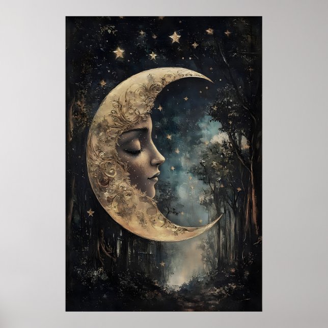 Cara de Luna en Impresión de Bosque, Póster Gótico (Frente)