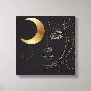 Cara de mujer con fases lunares en oro en lienzo p