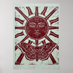 Cara de Sol y Linograbado de Polilla Luna Arte Fol