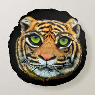 Cara de Tigre Salvaje en Almohada Redonda Negra