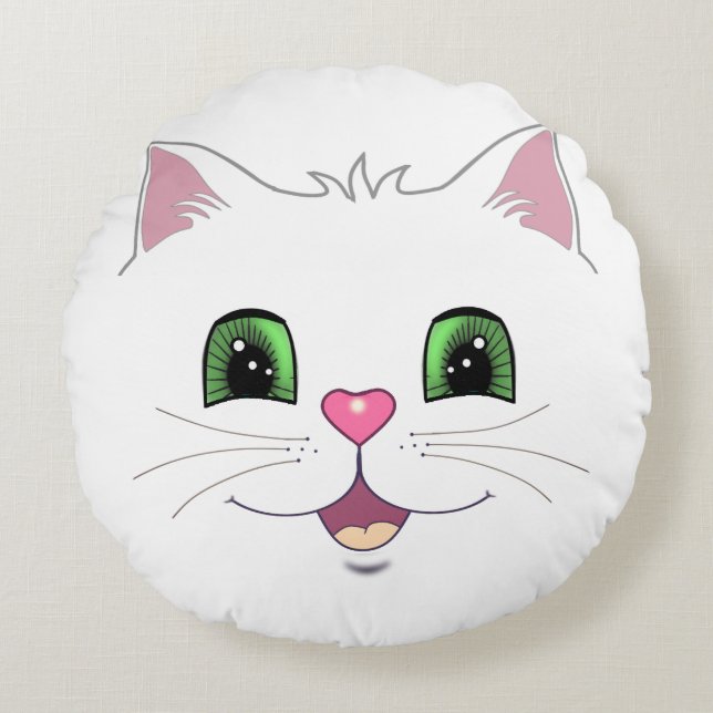 Cara divertida de gato lindo sobre almohada blanca (Anverso)