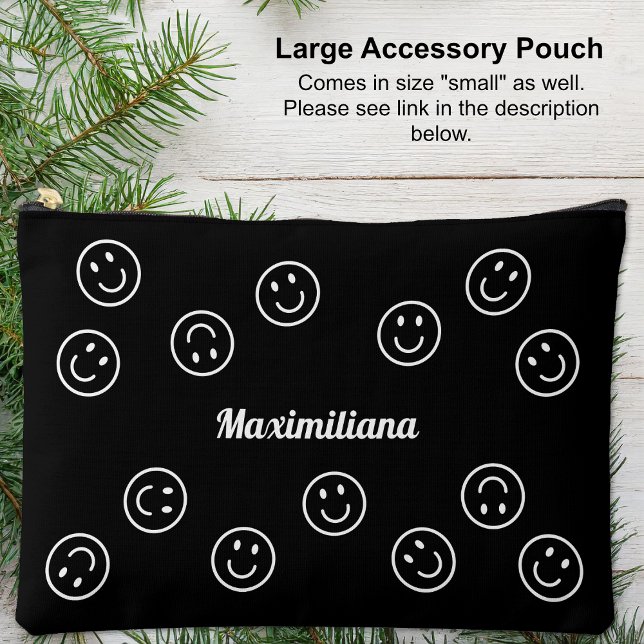 Caras felices blancas en negro - gran bolsa acceso (Happy Faces White on Black - LARGE Accessory Pouch)