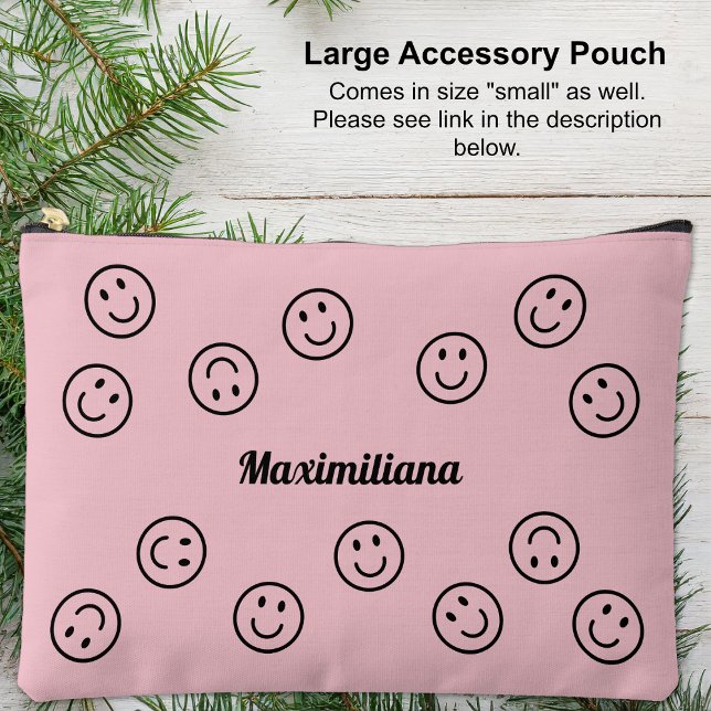 Caras felices negras en rosa - gran bolsa accesori (Happy Faces on Pink - LARGE Accessory Pouch)