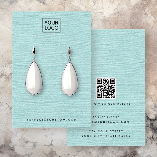 Carátula de visualización de la apariencia de la r (Aqua blue linen look logo QR earring display card)