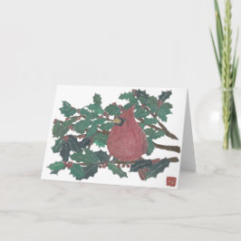 Cardenal, árbol holly, tarjeta de saludo de vacaci