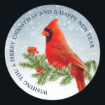 Cardenal rojo Bird Merry Christmas Pegatina<br><div class="desc">Hermoso pájaro cardenal rojo sobre fondo de nieve feliz Navidad y feliz pegatina de año nuevo</div>