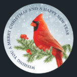 Cardenal rojo Bird Merry Christmas Pegatina<br><div class="desc">Hermoso pájaro cardenal rojo sobre fondo de nieve feliz Navidad y feliz pegatina de año nuevo</div>