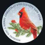 Cardenal rojo Bird Merry Christmas Pegatina<br><div class="desc">Hermoso pájaro cardenal rojo sobre fondo de nieve feliz Navidad y feliz pegatina de año nuevo</div>