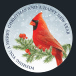 Cardenal rojo Bird Merry Christmas Pegatina<br><div class="desc">Hermoso pájaro cardenal rojo sobre fondo de nieve feliz Navidad y feliz pegatina de año nuevo</div>