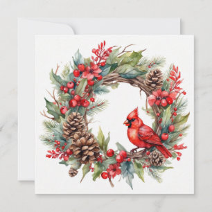 Cardenal Rojo de Navidad con Acuarela y Corona