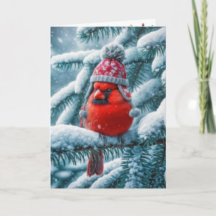 Cardenal rojo de Navidad con sombrero de invierno