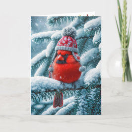 Cardenal rojo de Navidad con sombrero de invierno