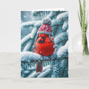 Cardenal rojo de Navidad con sombrero de invierno