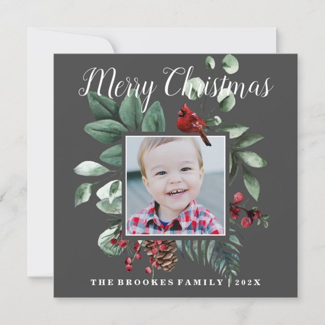 Cardenal rojo Floral Merry Christmas Photo Card (Anverso)