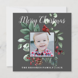 Cardenal rojo Floral Merry Christmas Photo Card