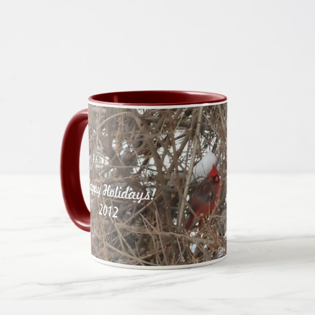 Cardenal rojo masculino en taza de nieve en invier (Anverso izquierdo)