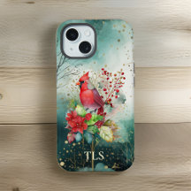 Cardenal Rojo n Bayas en Bosque Verde - Iniciales