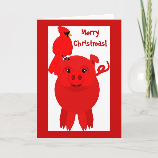 Cardenal y cerdo de Navidades rojos, tarjeta (Anverso)
