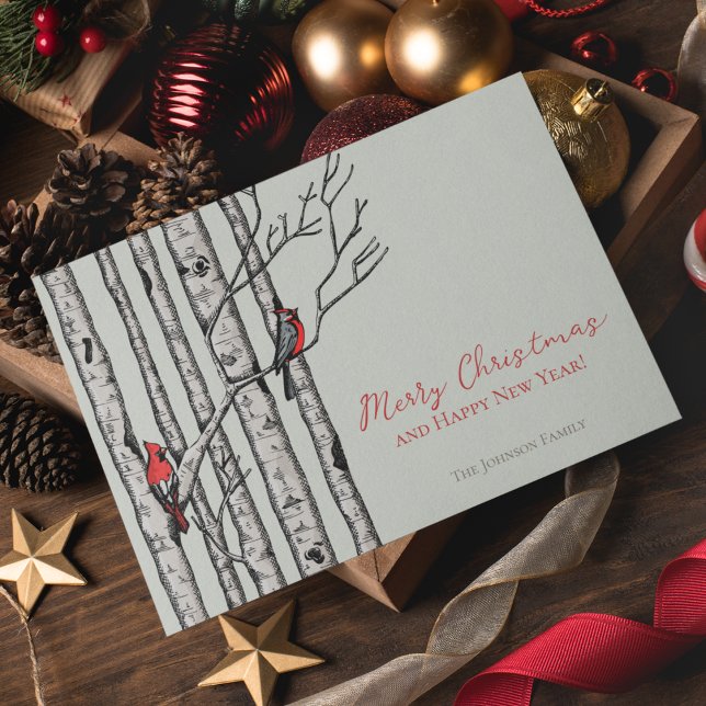 Cardenales de Feliz Navidad Birch Branches Foto (Elegant & Modern Hand-Drawn Merry Christmas Red Cardinal Birds Perched on Birch Tree Branches.)