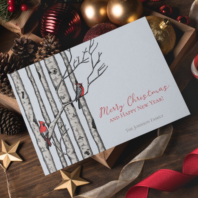 Cardenales de Feliz Navidad Birch Branches Foto (Elegant & Modern Hand-Drawn Merry Christmas Red Cardinal Birds Perched on Birch Tree Branches.)