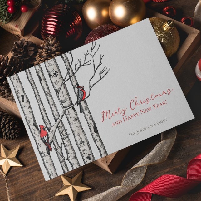 Cardenales de Feliz Navidad Birch Branches Foto (Elegant & Modern Hand-Drawn Merry Christmas Red Cardinal Birds Perched on Birch Tree Branches.)