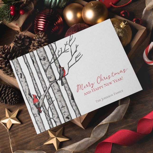 Cardenales de Feliz Navidad Birch Branches Foto (Elegant & Modern Hand-Drawn Merry Christmas Red Cardinal Birds Perched on Birch Tree Branches.)