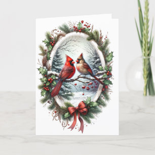 Cardenales de Navidad Lazo Rojo Acebo Bosque Nevad