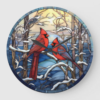 Cardenales en un reloj de pared del día de la niev