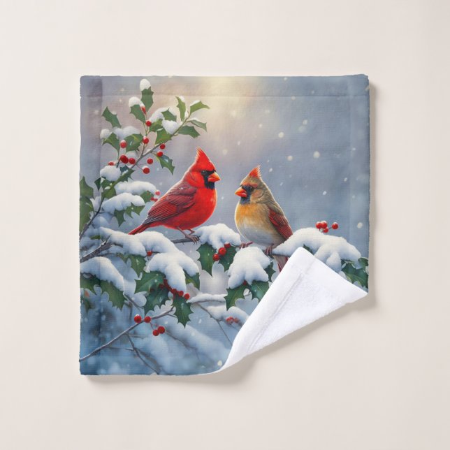 Cardenales rojos y Holly en la nieve (Toallita)