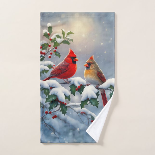 Cardenales rojos y Holly en la nieve (Toalla de mano)