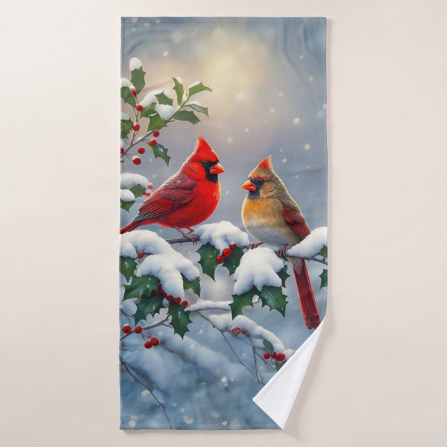 Cardenales rojos y Holly en la nieve (Toalla de baño)
