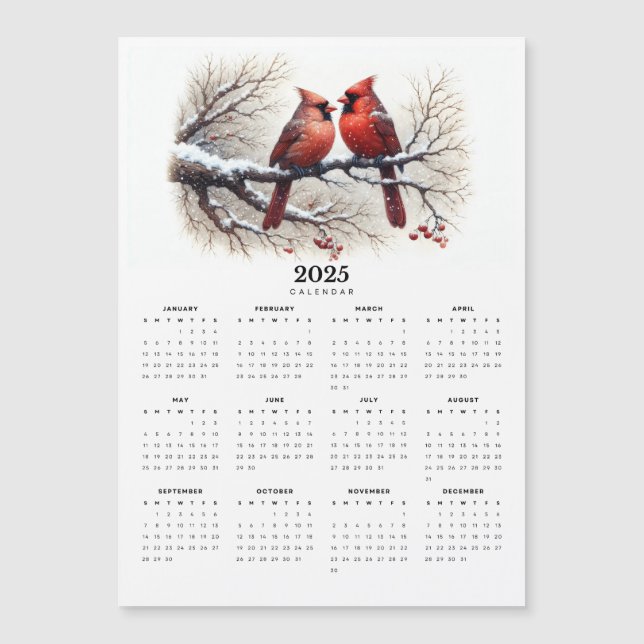 Cardenales sobre el calendario magnético Snowy Bra (Anverso)