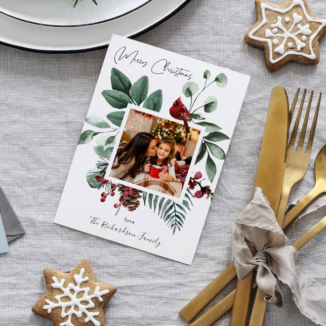 Cardinal Bird & Pine Merry Christmas Photo Card (Subido por el creador)