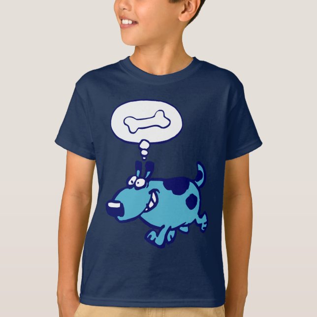 Caricatura azul Perro pensando en hueso Camiseta i (Anverso)