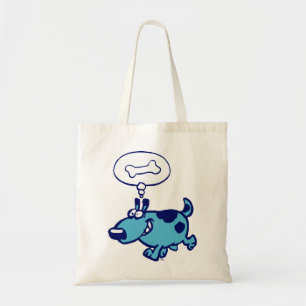Caricatura azul Perro pensando en la bolsa de hues