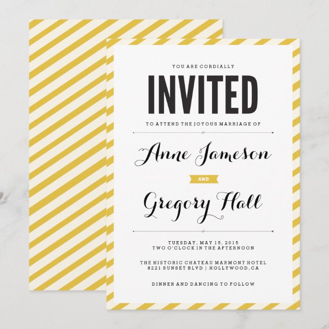 Carnaval Amarillo estriba invitación a la boda mod (Anverso / Reverso)