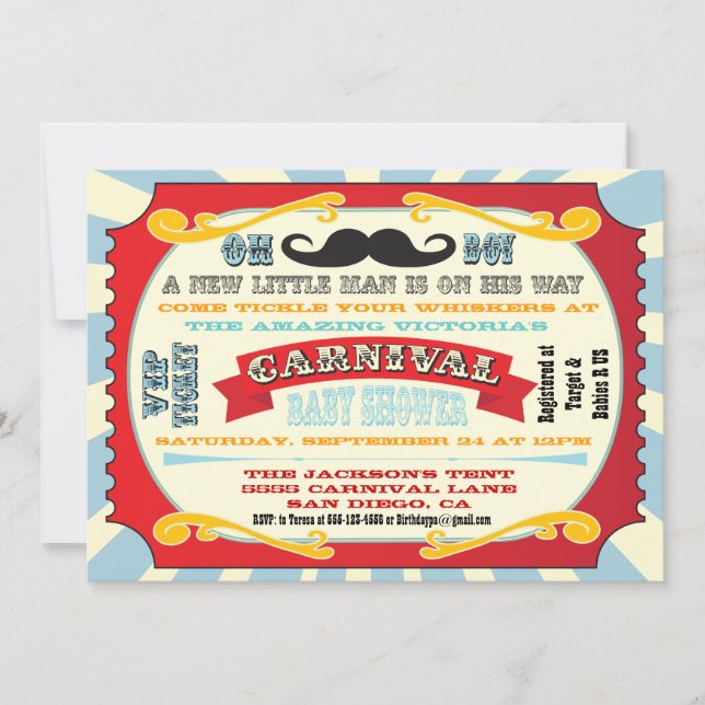 Carnaval Mustache Bebé ducha Invitación (Anverso)