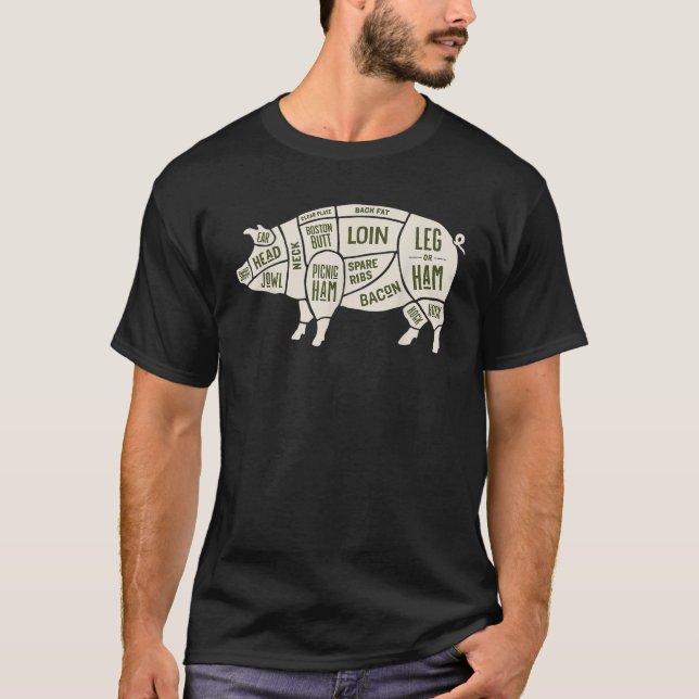 Carnicero de cerdo diagrama de camiseta de tocino  (Anverso)