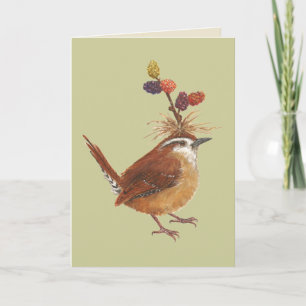Carolina wren con tarjeta de moras